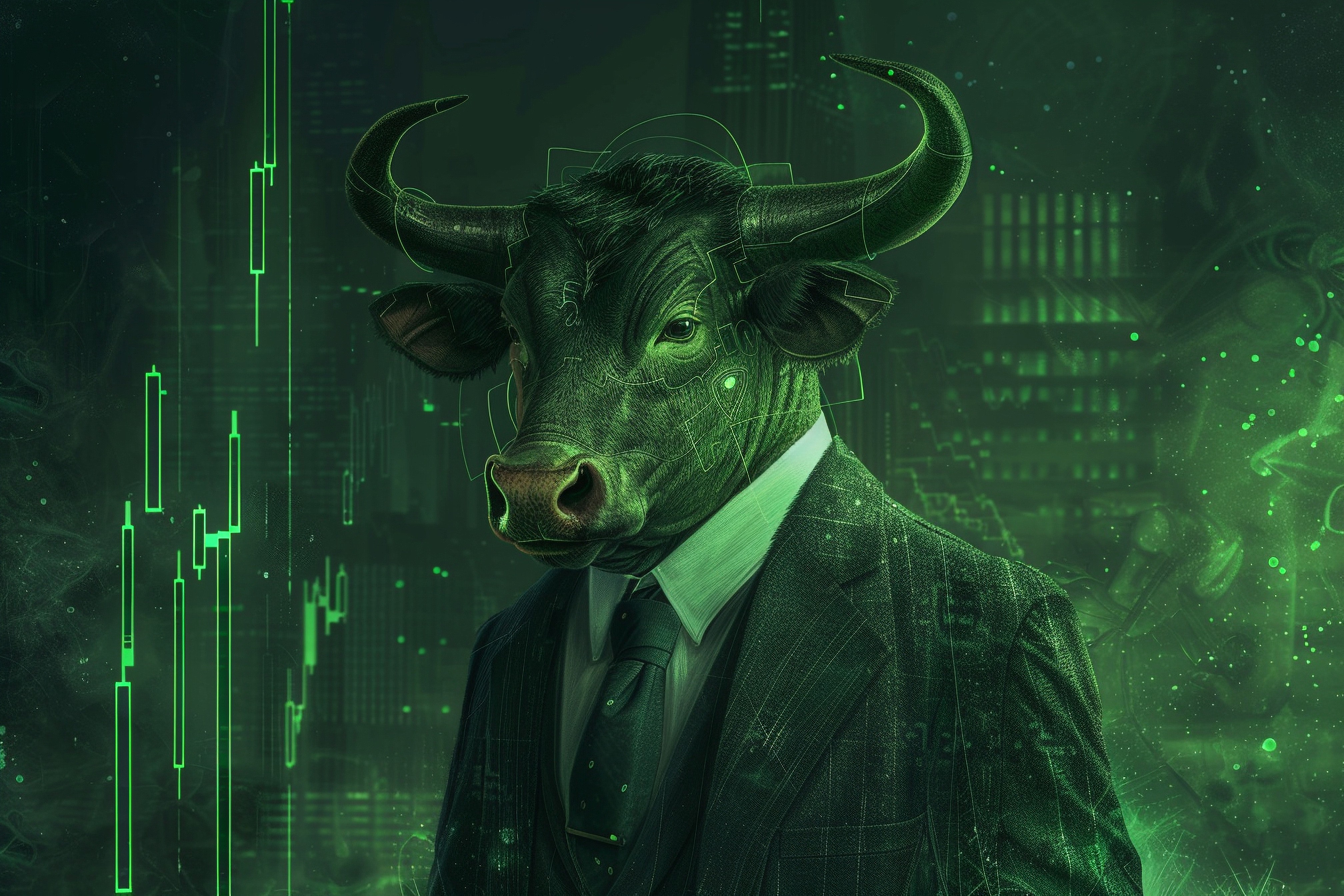 A digital illustration of a powerful bull wearing a formal business suit, set against a glowing green background featuring financial candlestick charts and urban city elements.