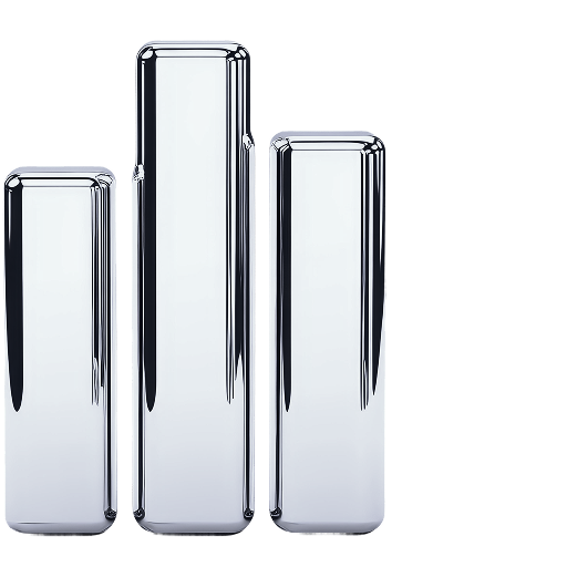 Three 3D metallic chrome vertical bars of varying heights